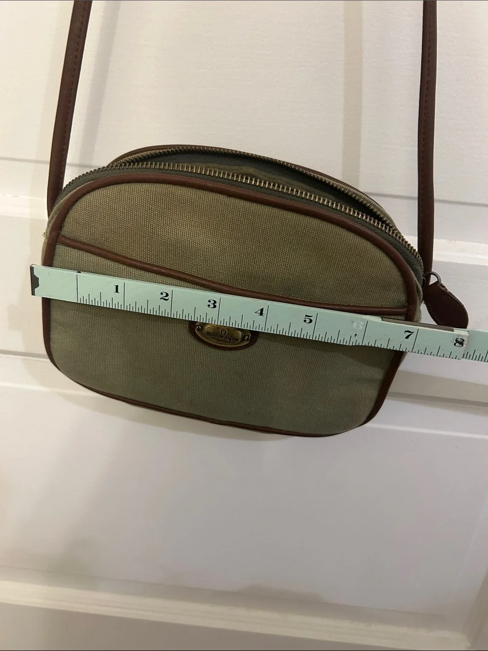 🛍 2/$18 Etienne Aigner Olive Canvas Crossbody with Brown Trim and Brass Plaque